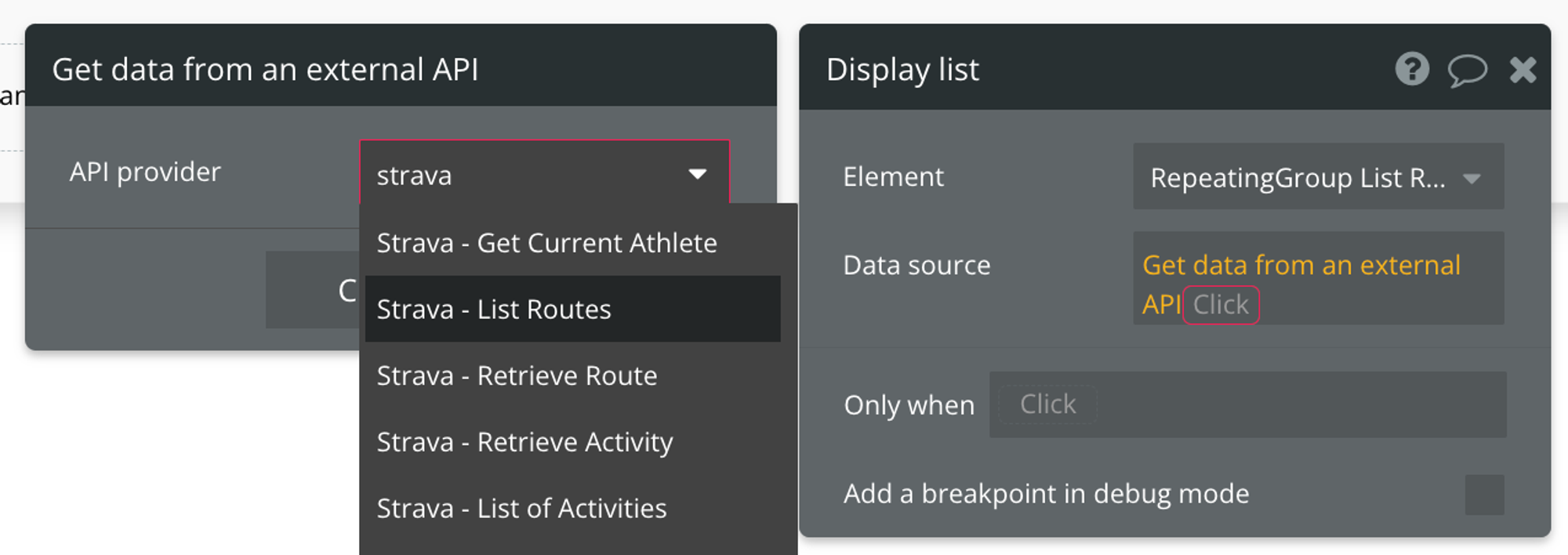 Select "Get data from external API" from the list of data sources, then find Strava - List Routes from the list of API providers