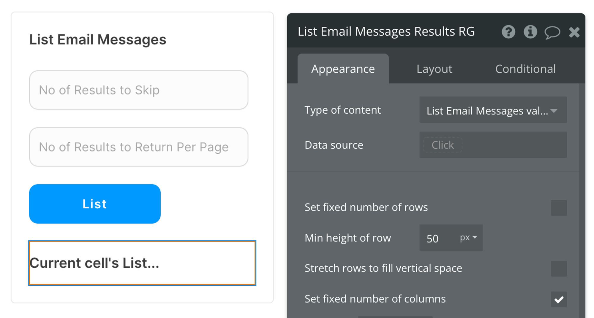Select List Email Messages value (Outlook) from the list of content types