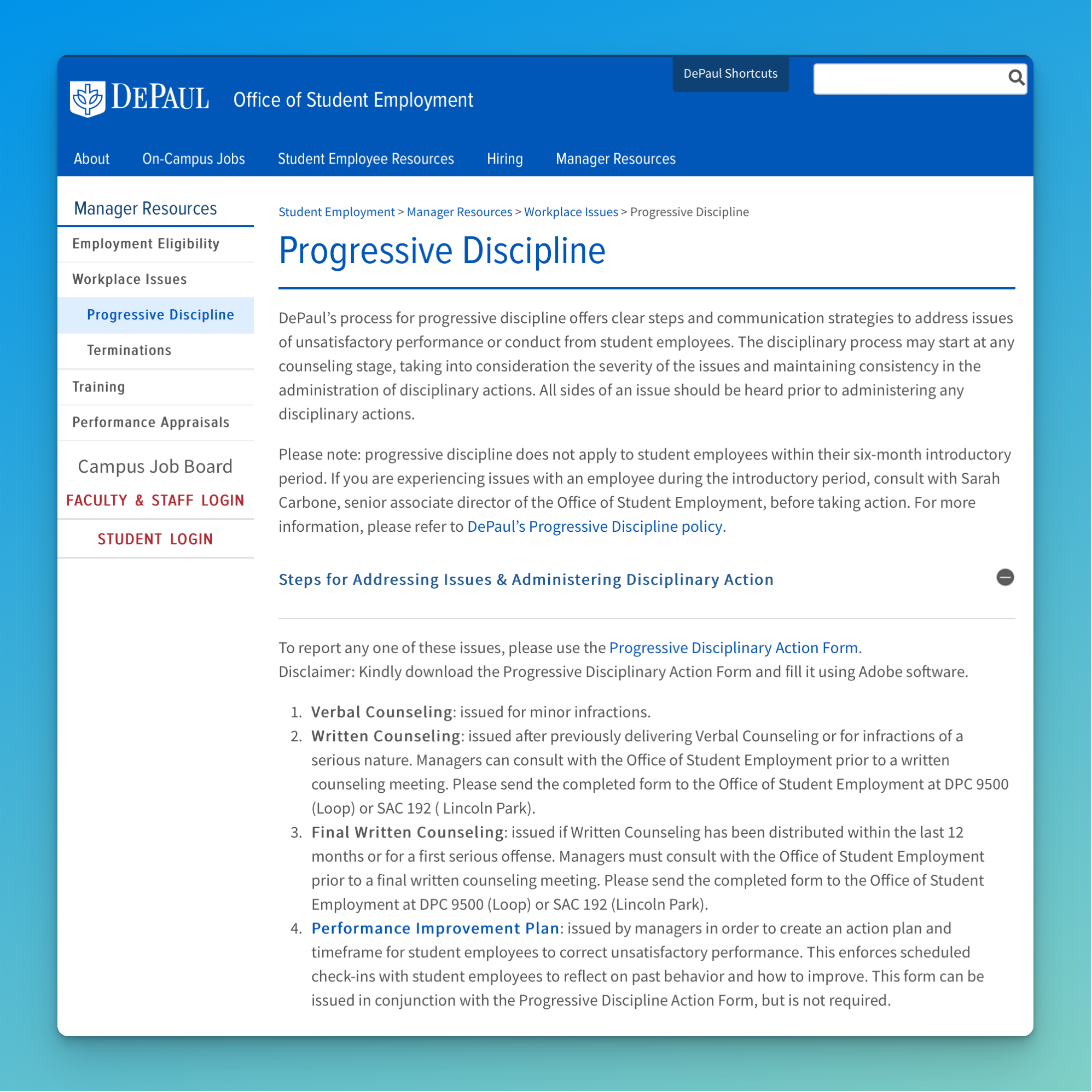 Screenshot of the Progressive Discipline webpage of the Student Employment website