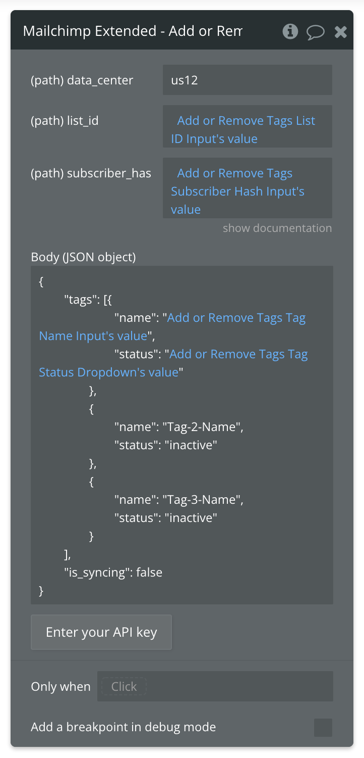 Only one tag is set up dynamically in this example. You can add/remove as many additional tags as you need.