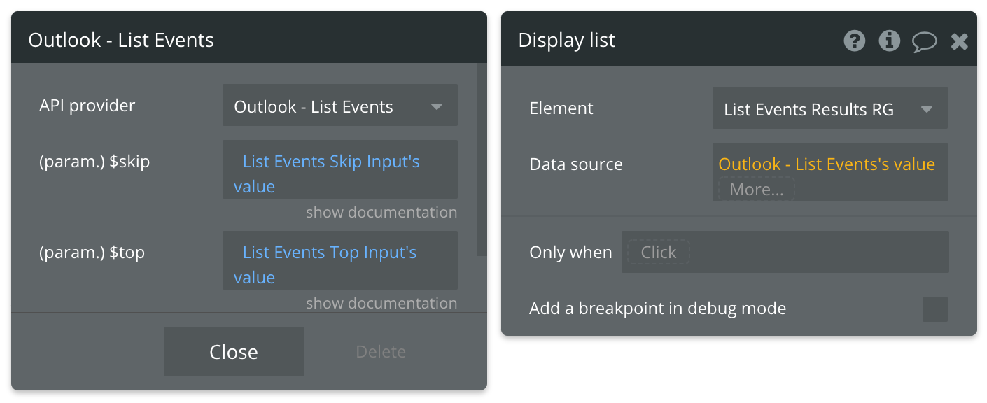 Select Outlook - List Events's value for the data source