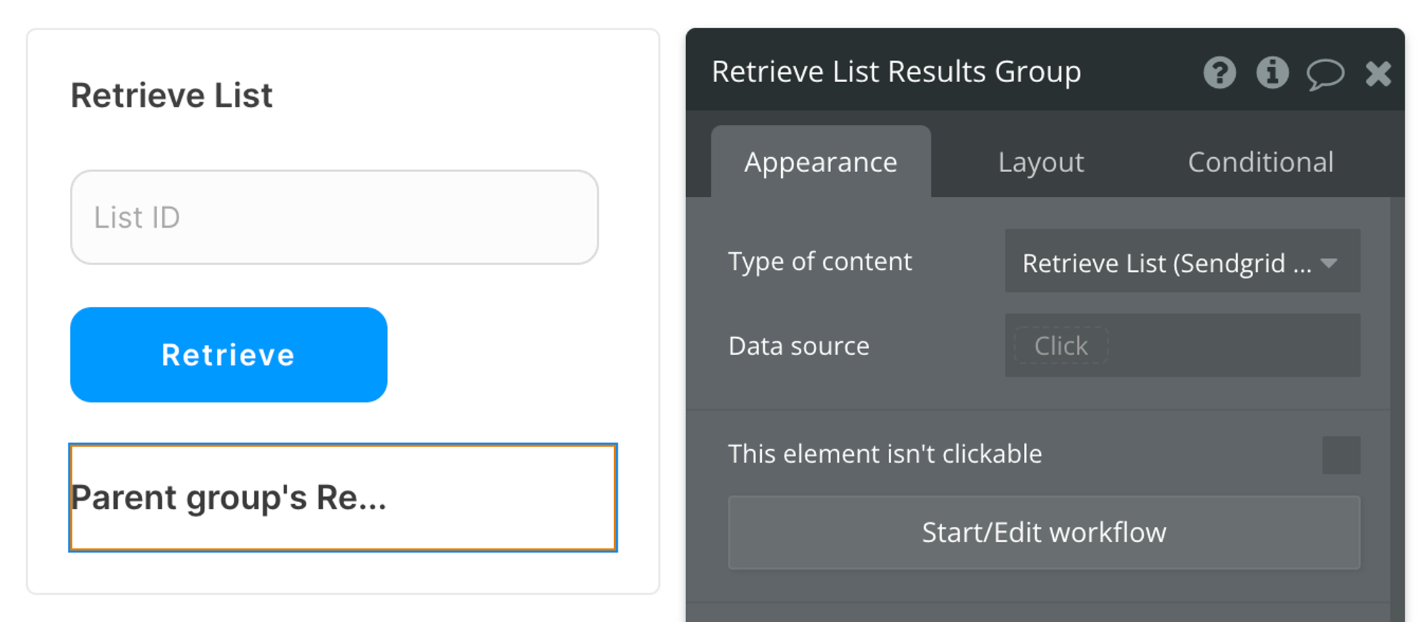 Select Retrieve List (Sendgrid Campaigns) from the list of content types
