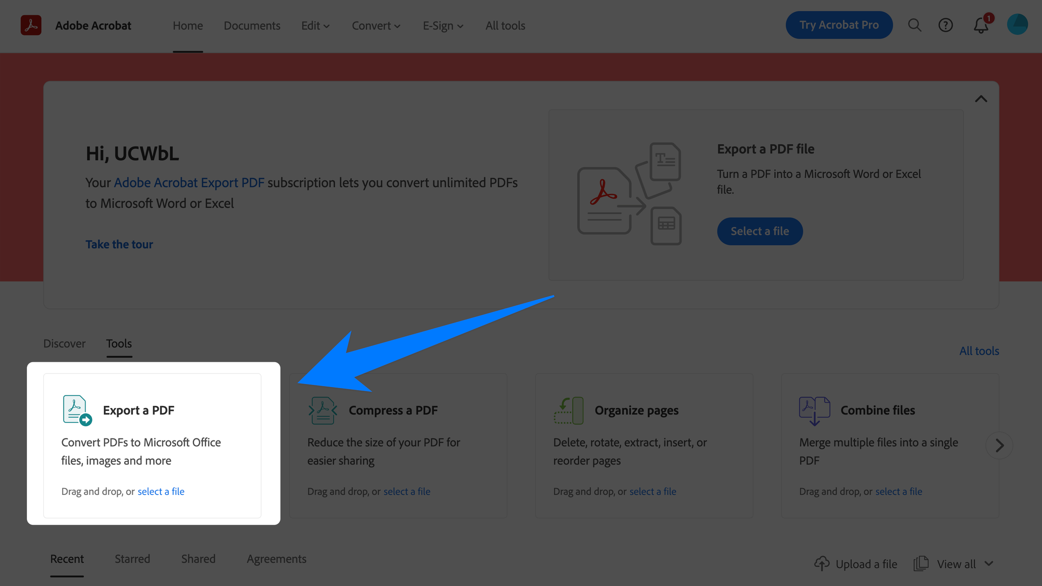 Screenshot of Step 4, highlighting the Export a PDF option in the Tools options