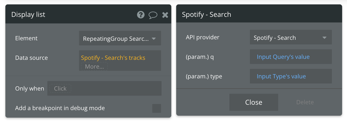 Select "Get data from external API" from the list of data sources, then find Spotify - Search's tracks from the list of API providers