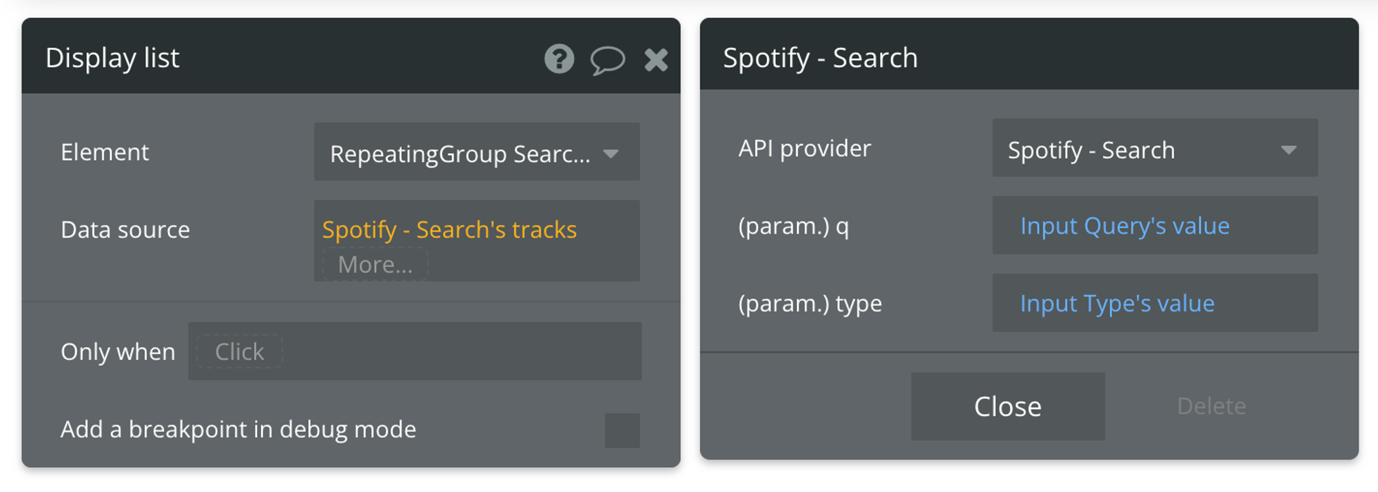 Select "Get data from external API" from the list of data sources, then find Spotify - Search's tracks from the list of API providers