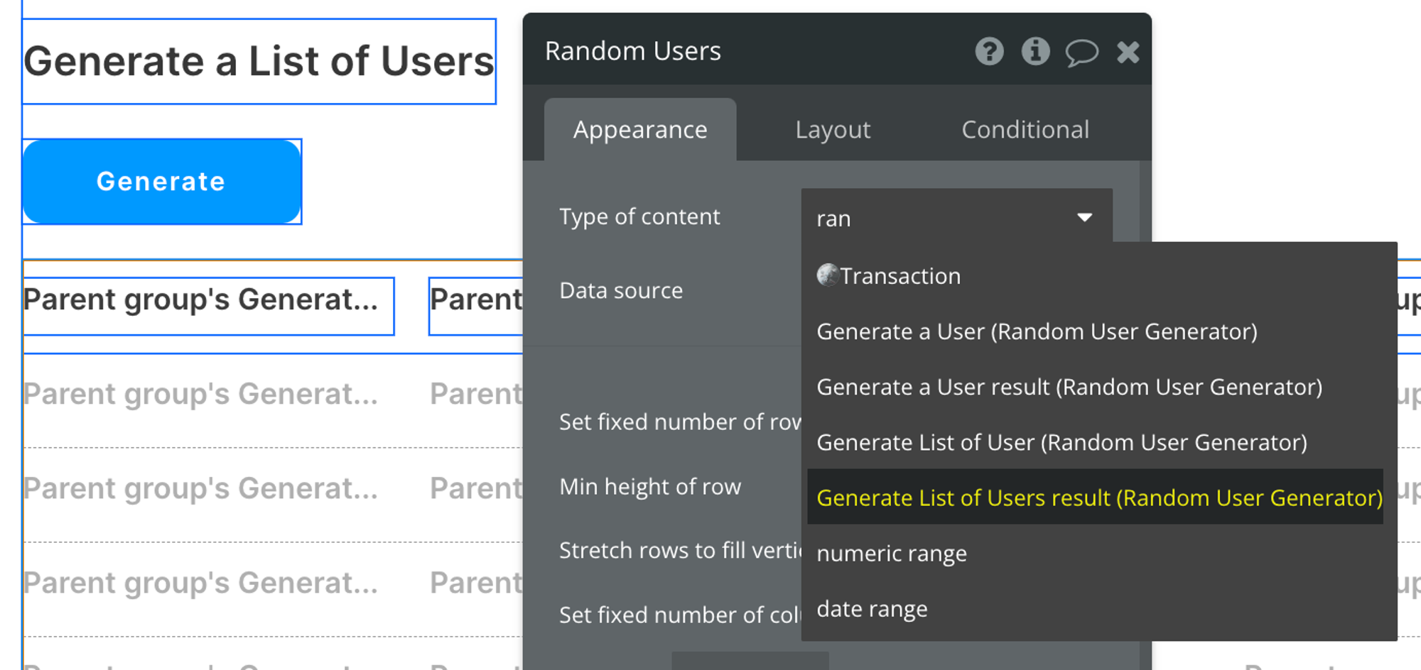 Select Generate List of Users result (Random User Generator) as the type of content for this repeating group
