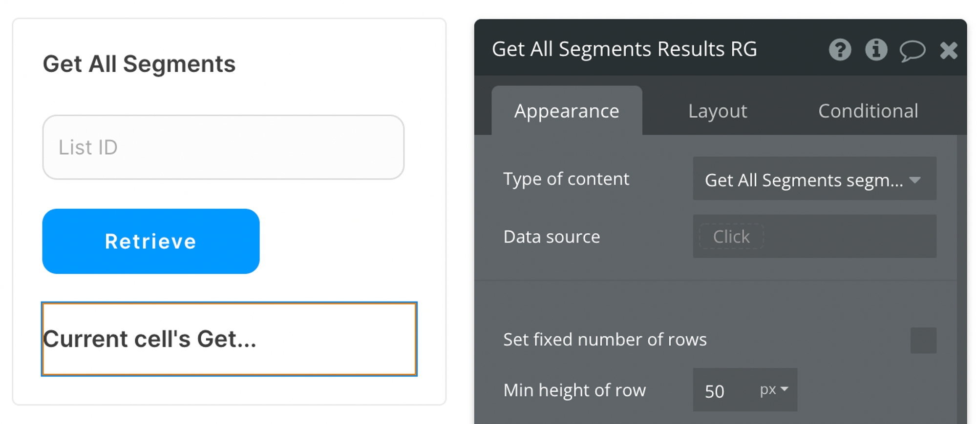 Select Get All Segments segment (Mailchimp Extended) from the list of content types