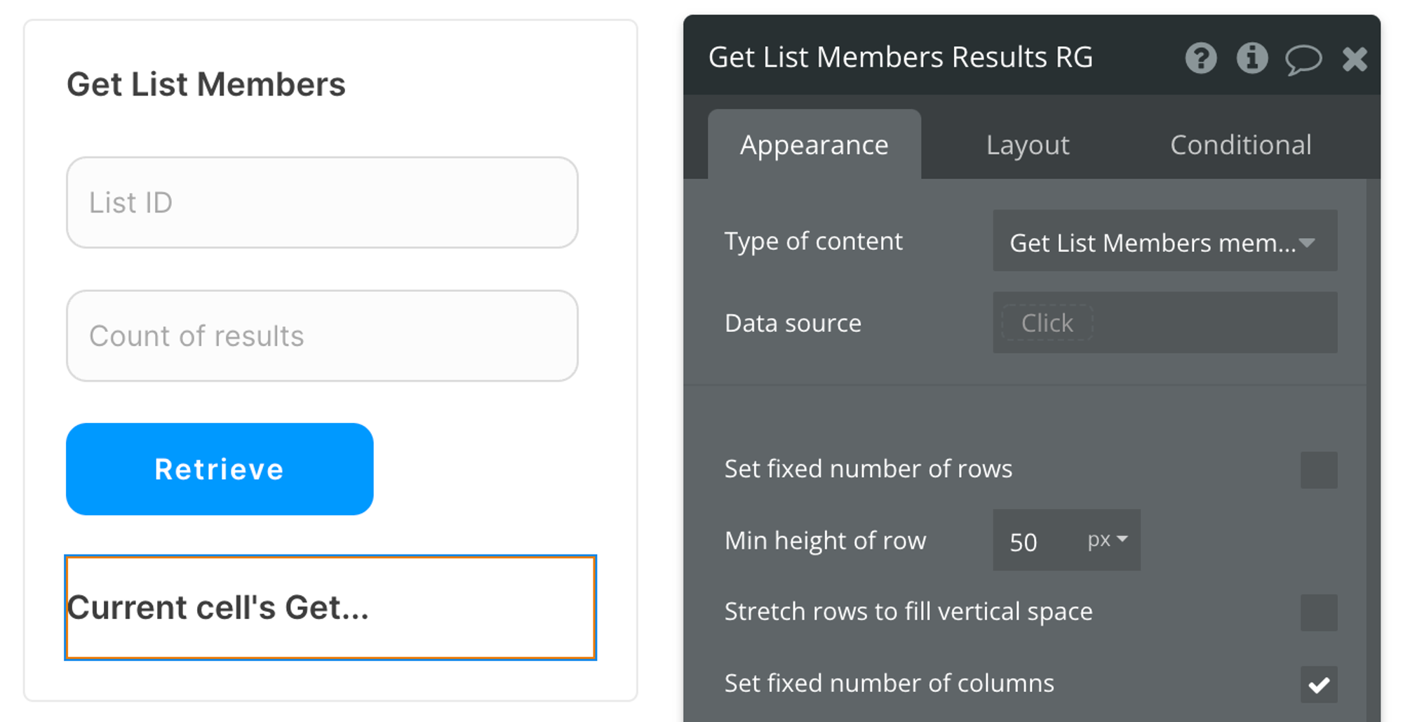 Select Get List Members member (Mailchimp Extended) from the list of content types
