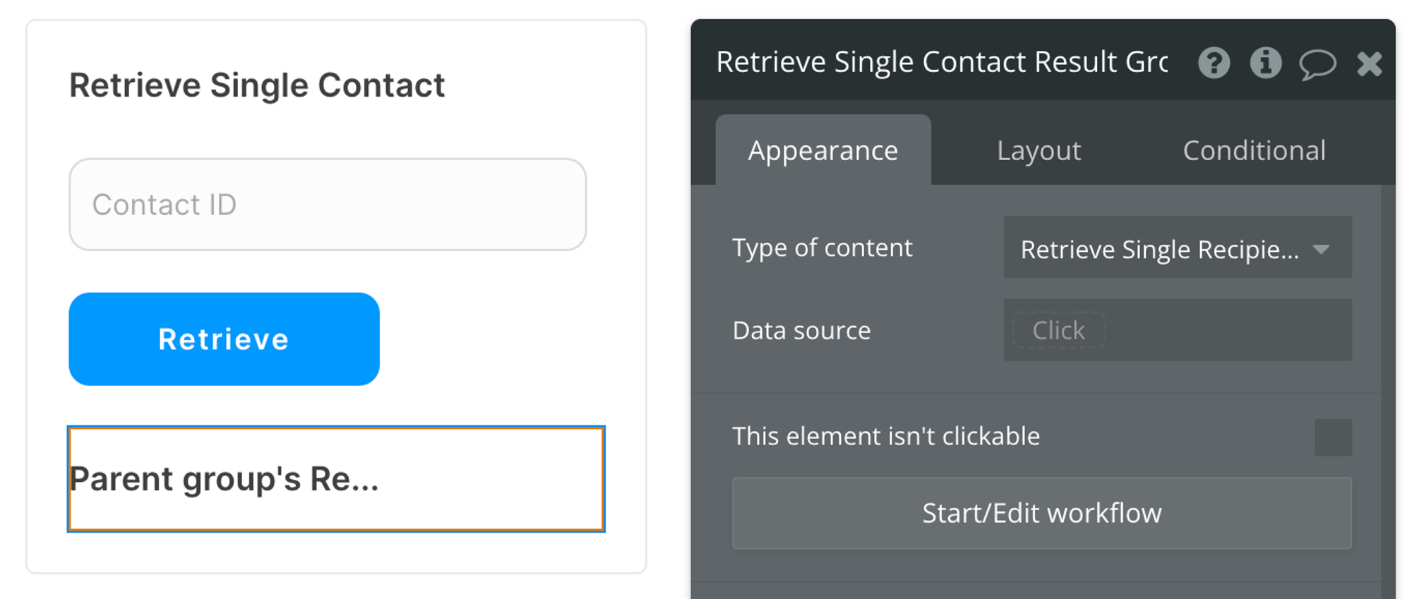 Select Retrieve Single Recipient (Sendgrid Campaigns) from the list of content types