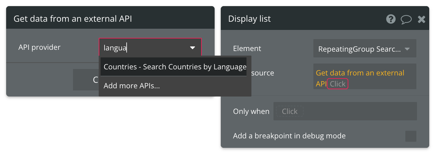 Select "Get data from external API" from the list of data sources, then find Countries - Search Countries by Language from the list of API providers