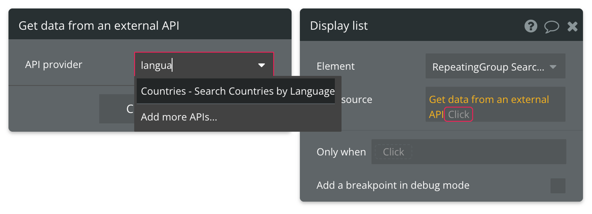 Select "Get data from external API" from the list of data sources, then find Countries - Search Countries by Language from the list of API providers