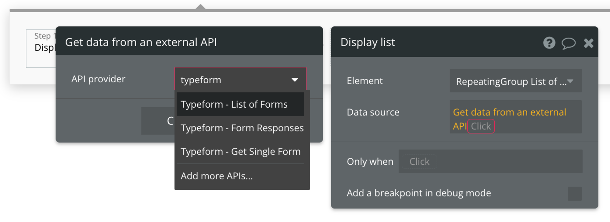Select "Get data from external API" from the list of data sources, then find Typeform - List of Forms from the list of API providers