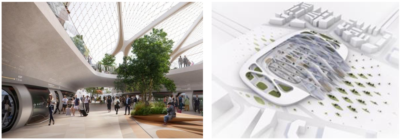 Concept of a large-scale passenger hyperloop hub and surrounding precinct.