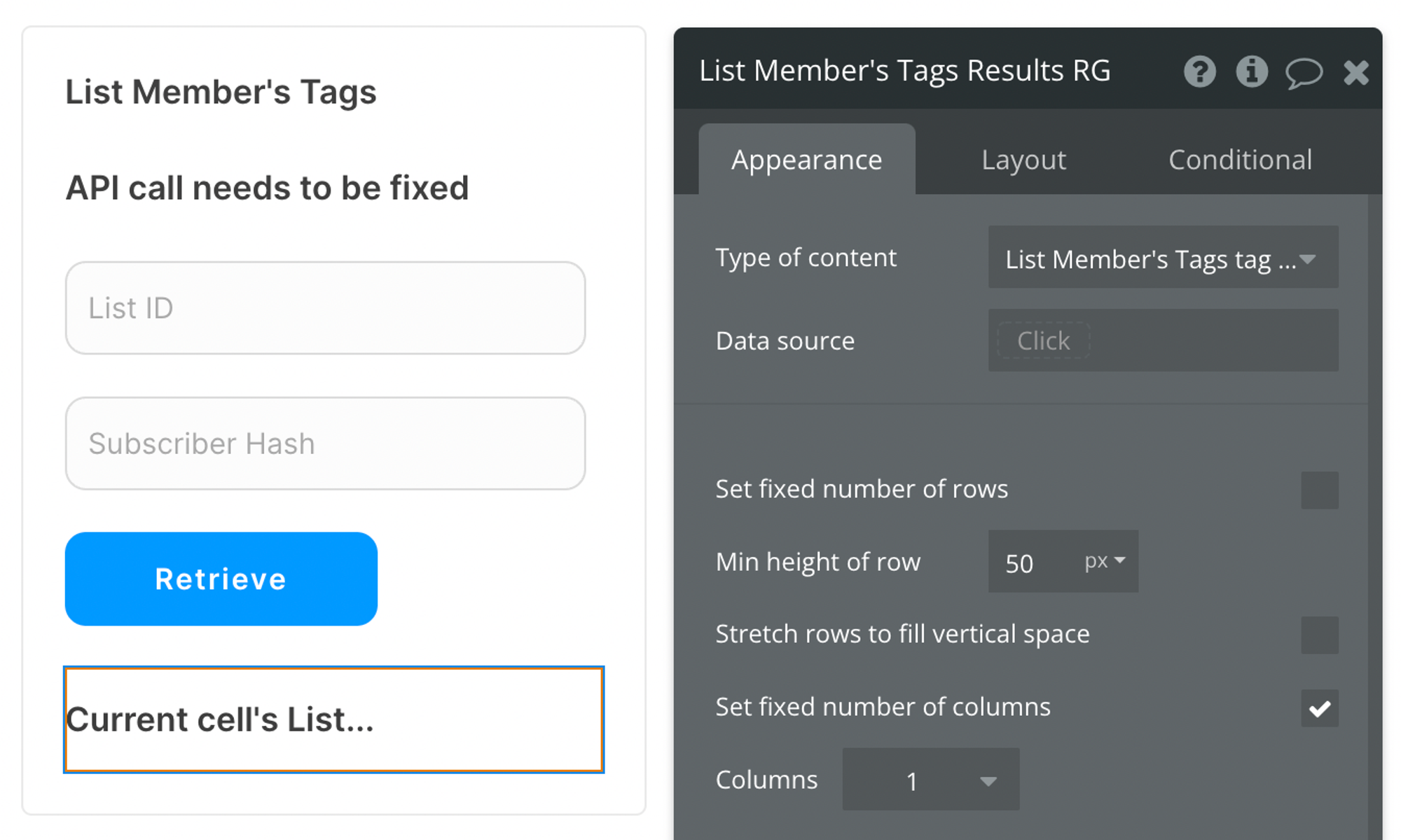 Select List Members's Tags tag (Mailchimp Extended) from the list of content types