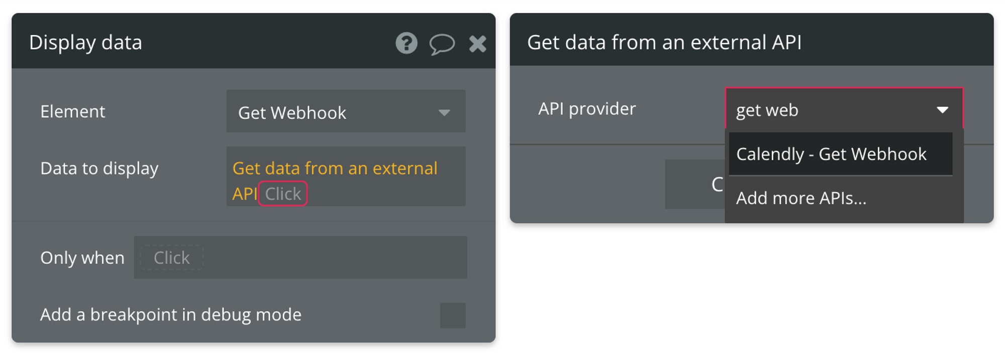 Select "Get data from external API" from the list of data sources, then find Calendly - Get Webhook from the list of API providers
