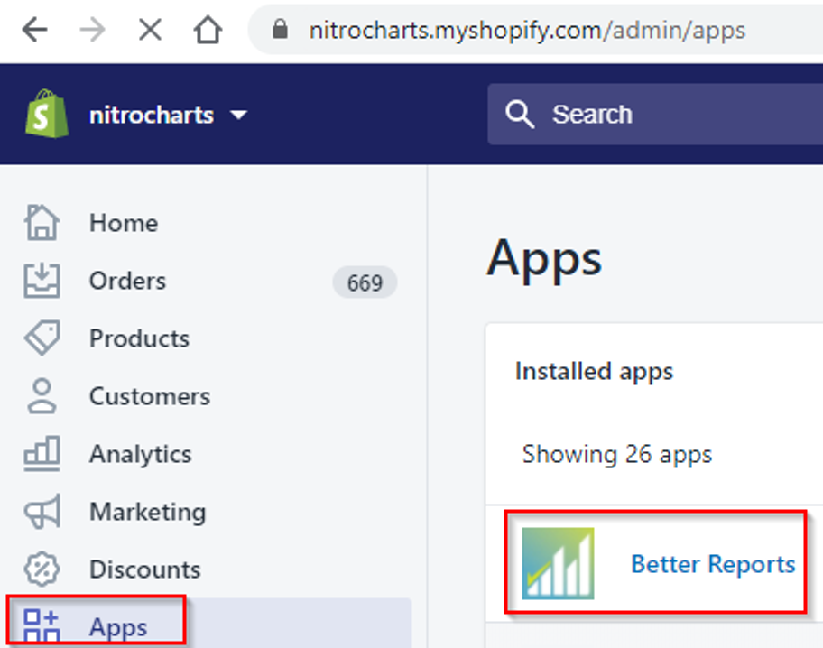 Opening Better Reports directly from Shopify's Admin