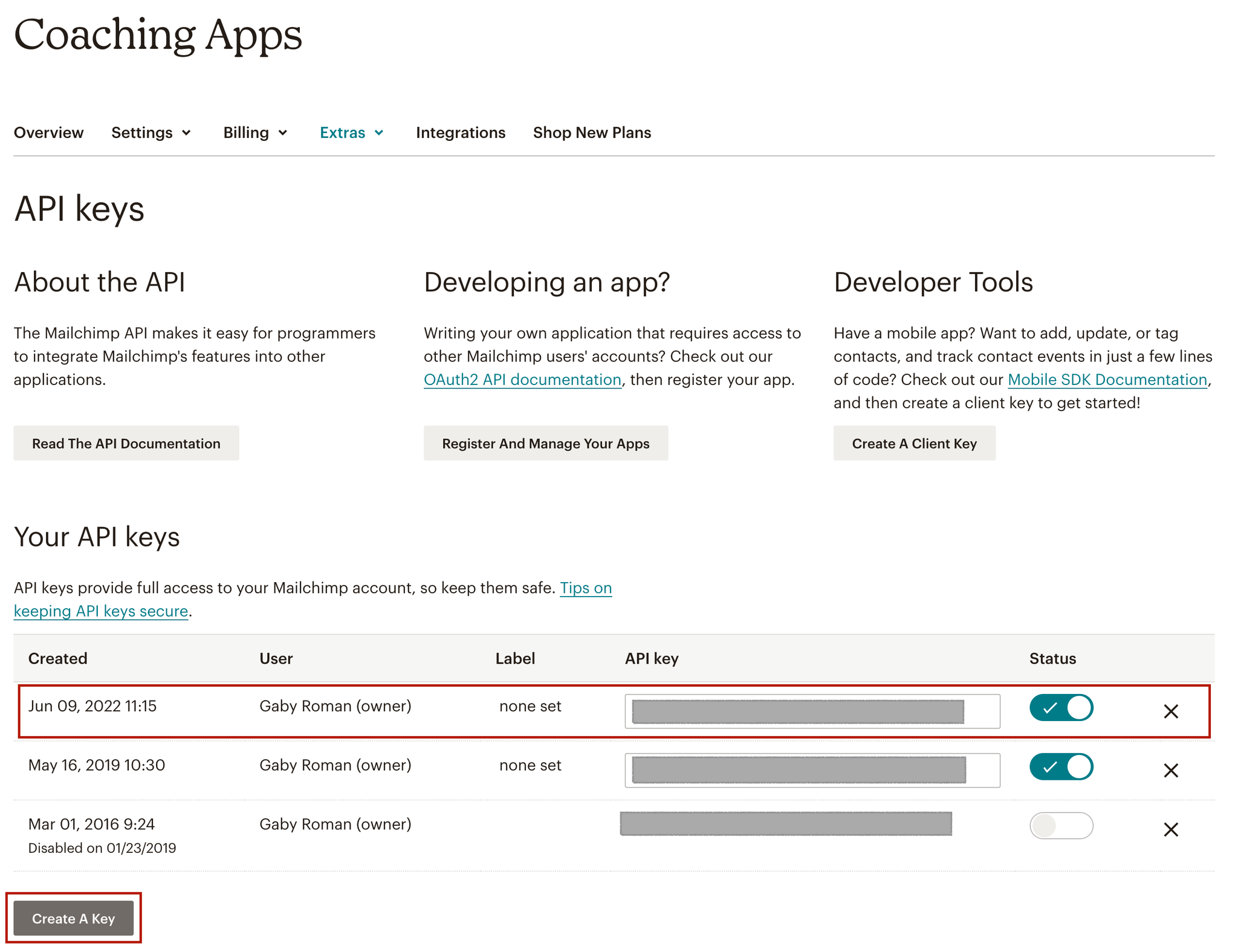 Click the Create a Key button, then copy the API key value and place this into the plugin settings window.