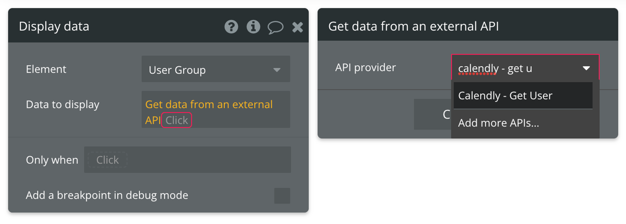 Select "Get data from external API" from the list of data sources, then find Calendly - Get User from the list of API providers
