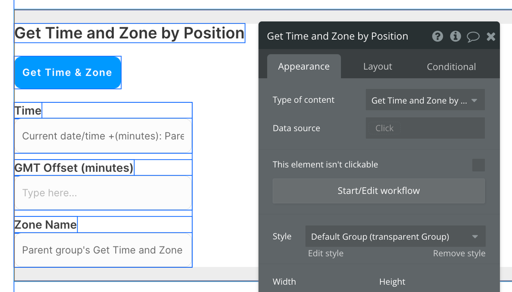Select Get Time and Zone by Position (TimeZoneDB) from the list of content options