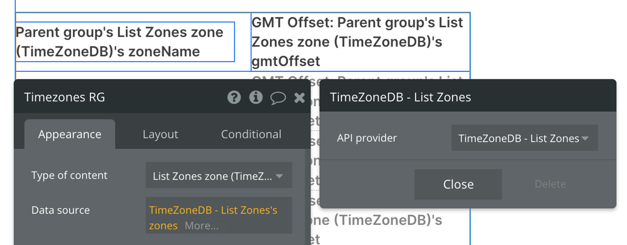 Select "Get Data from External API" for the Data to display, then find "TimeZoneDB - List Zones" from the list of API Providers