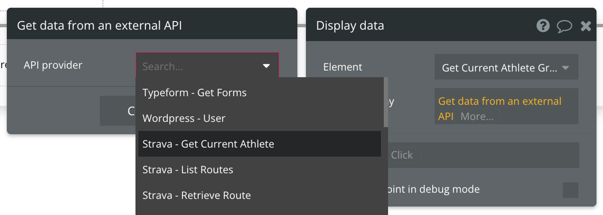 Select "Get data from external API" from the list of data sources, then find Strava - Get Current Athlete from the list of API providers