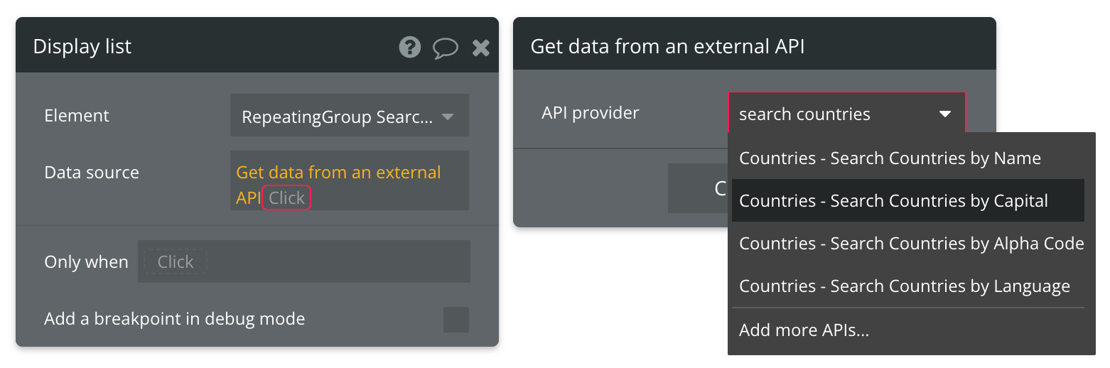 Select "Get data from external API" from the list of data sources, then find Countries - Search Countries by Capital from the list of API providers