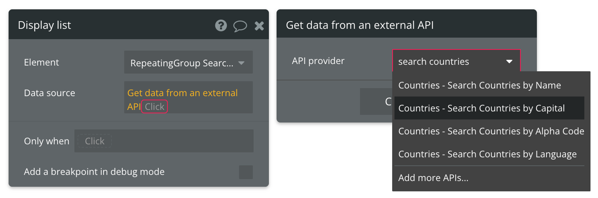 Select "Get data from external API" from the list of data sources, then find Countries - Search Countries by Capital from the list of API providers