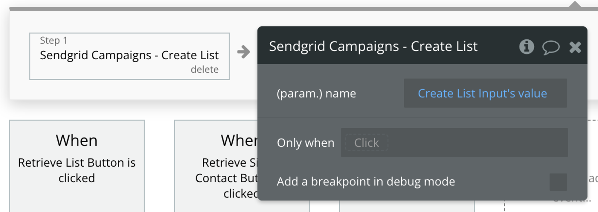 Select Sendgrid Campaigns - Create List action and fill in the name field