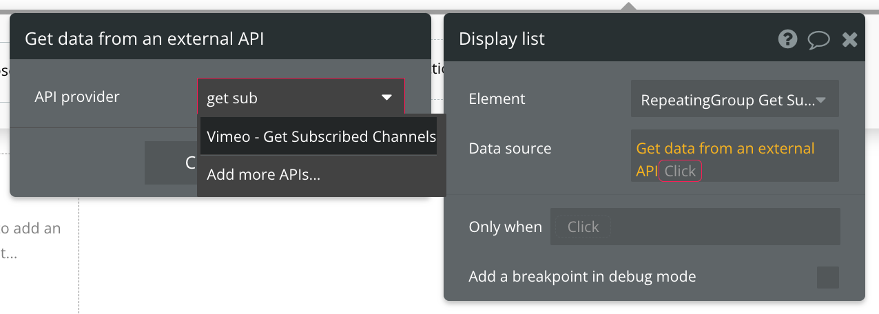 Select "Get data from external API" from the list of data sources, then find Vimeo - Get Subscribed Channels from the list of API providers