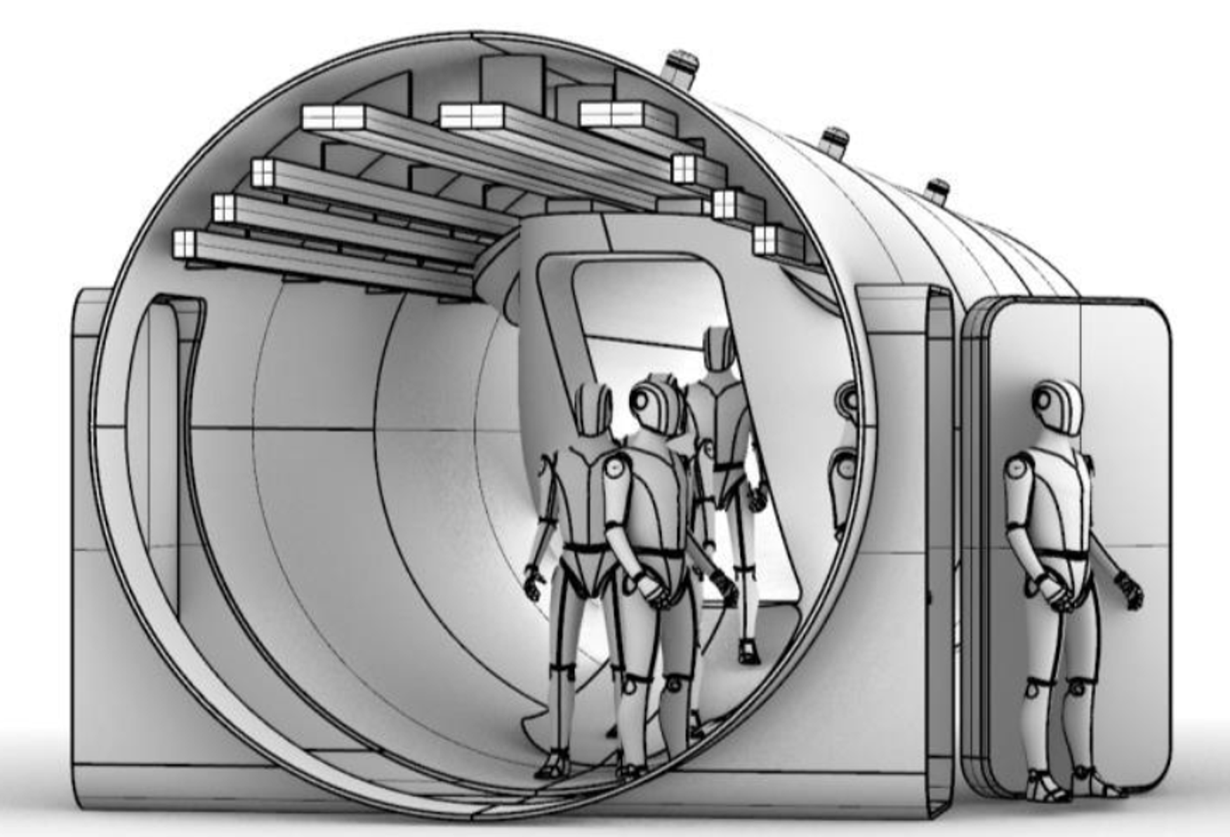 A 3D conceptual model showing the evacuation of passengers from the tube.
