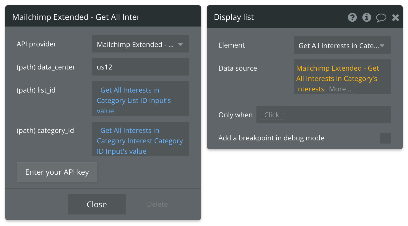 Select Mailchimp Extended - Get All Interests in Category's interests for the data source