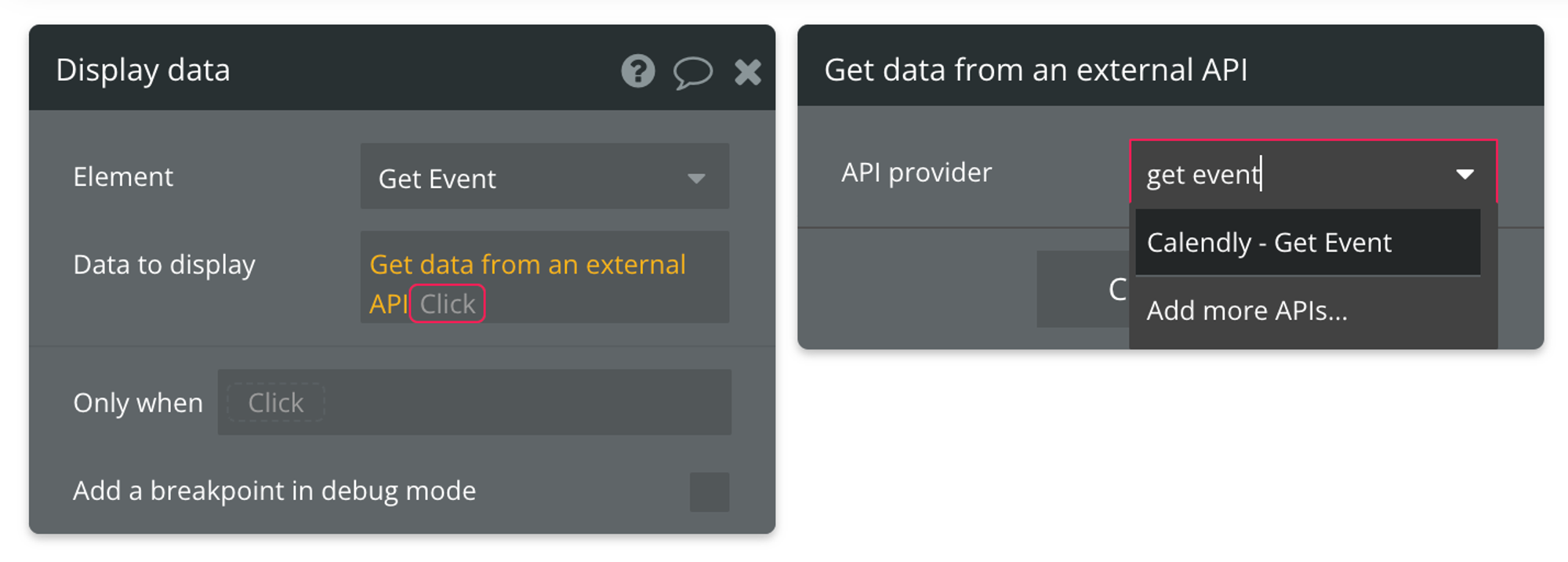 Select "Get data from external API" from the list of data sources, then find Calendly - Get Event from the list of API providers