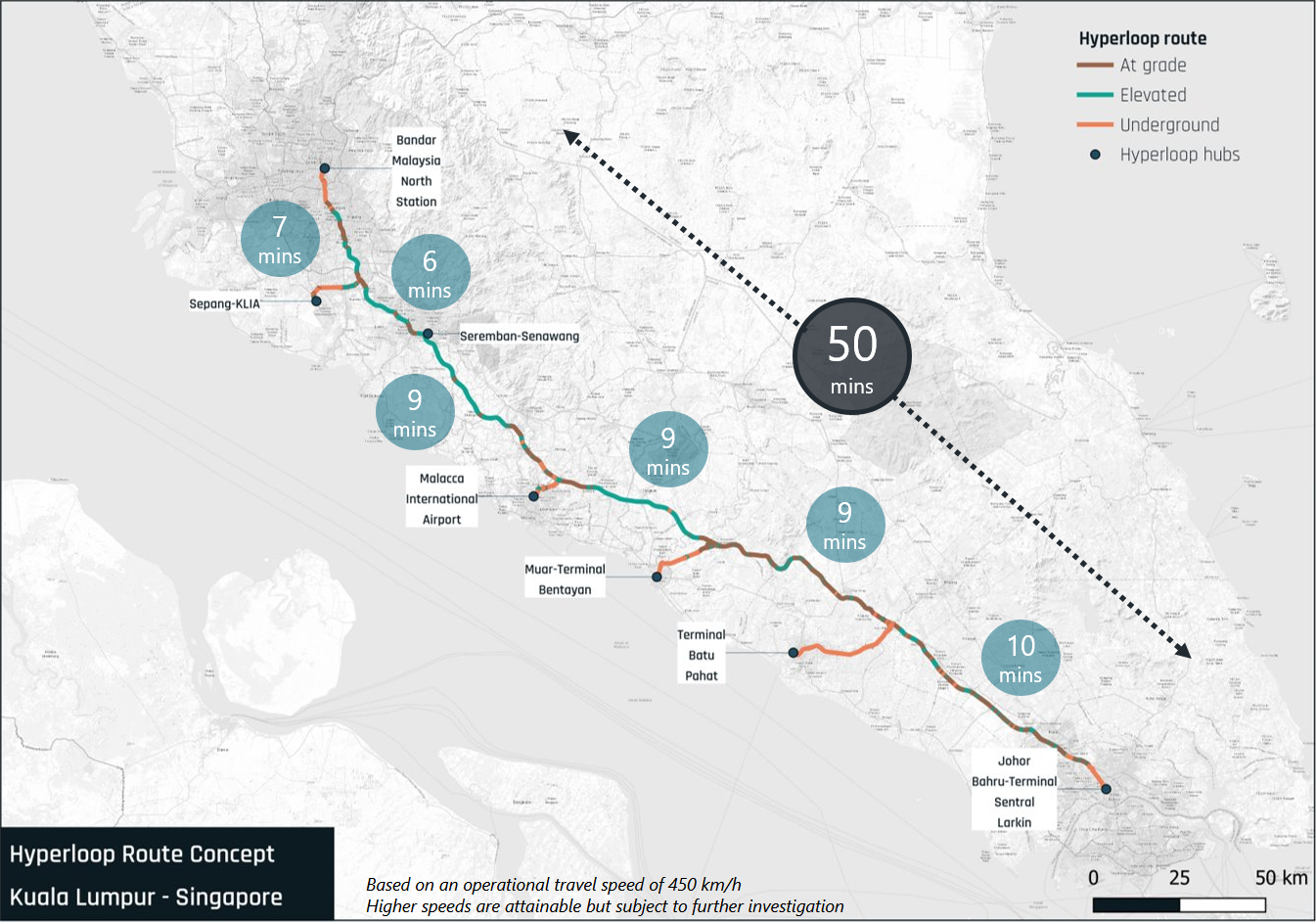 Proposed alignment of the route and hubs.