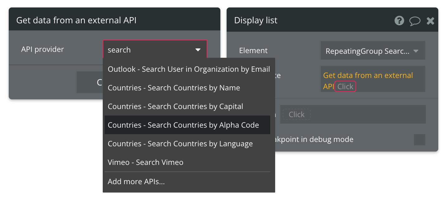 Select "Get data from external API" from the list of data sources, then find Countries - Search Countries by Alpha Code from the list of API providers