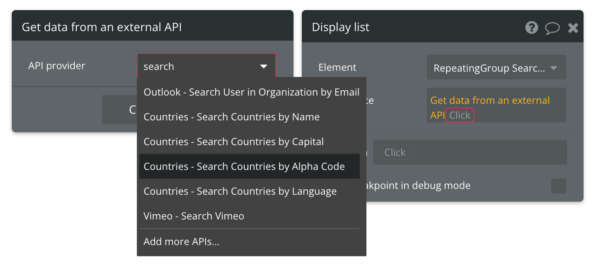Select "Get data from external API" from the list of data sources, then find Countries - Search Countries by Alpha Code from the list of API providers