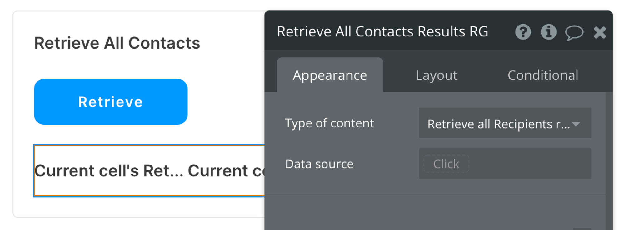 Select Retrieve All Contacts (Sendgrid Campaigns) from the list of content types