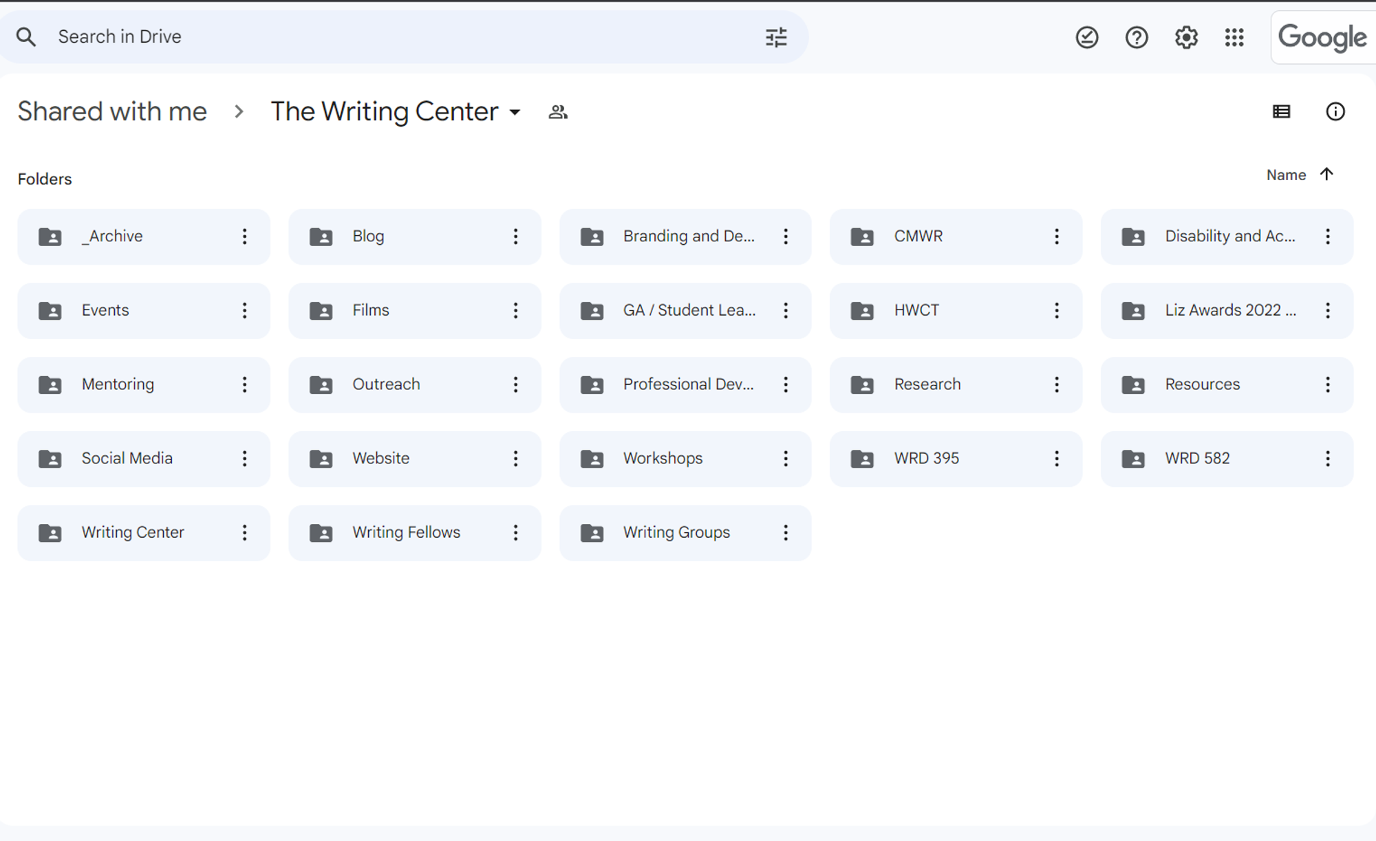 All of the work produced for each of the Writing Center's initiatives is stored in the Writing Center's Shared Drive.