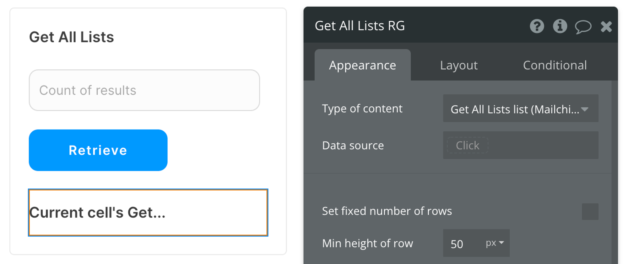 Select Get All Lists list (Mailchimp Extended) from the list of content types