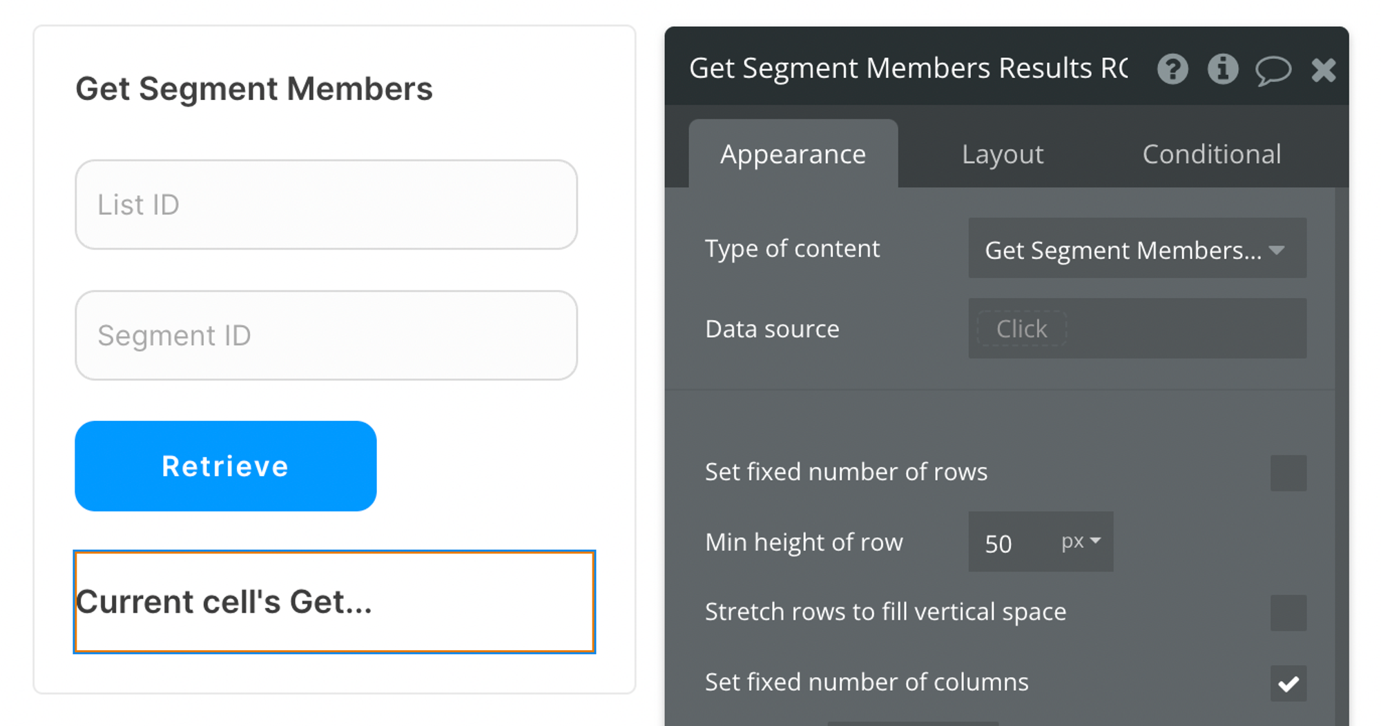 Select Get Segment Members member (Mailchimp Extended) from the list of content types