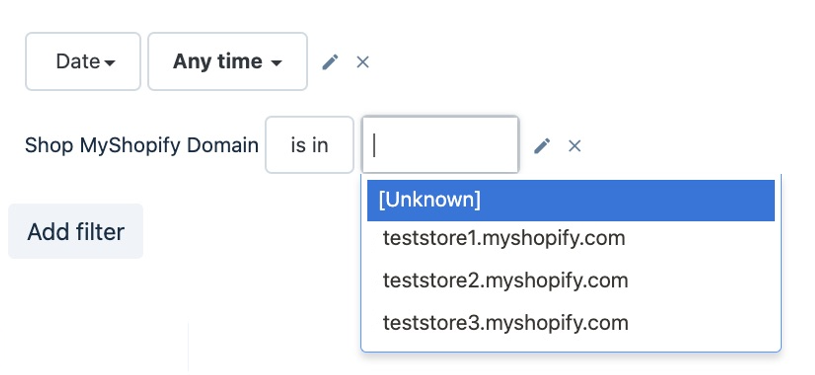 Filter for ‘My Shopify Domain is not in [Unknown]’ to include all store data