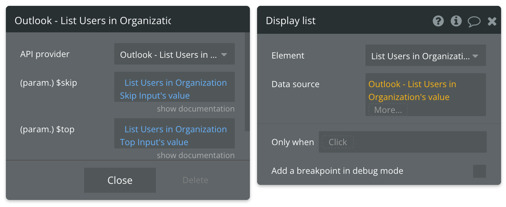 Select Outlook - List Users in Organization's value for the data source