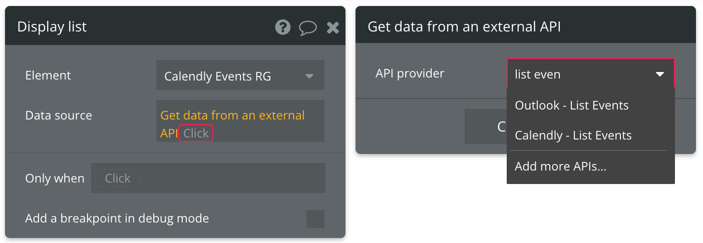 Select "Get data from external API" from the list of data sources, then find Calendly - List Events from the list of API providers