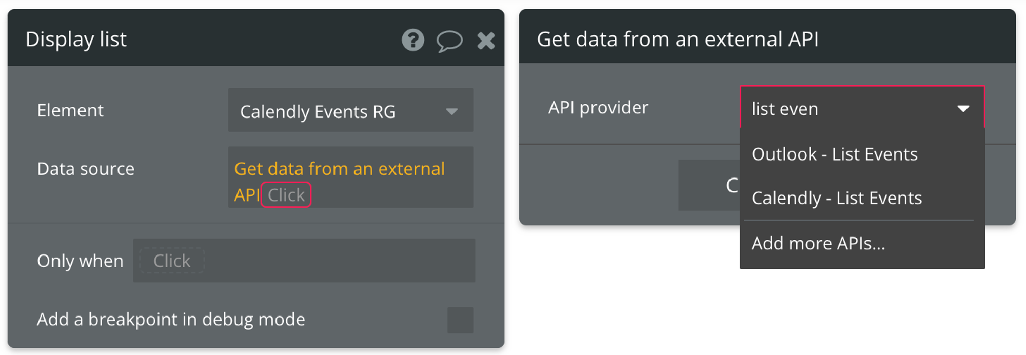 Select "Get data from external API" from the list of data sources, then find Calendly - List Events from the list of API providers