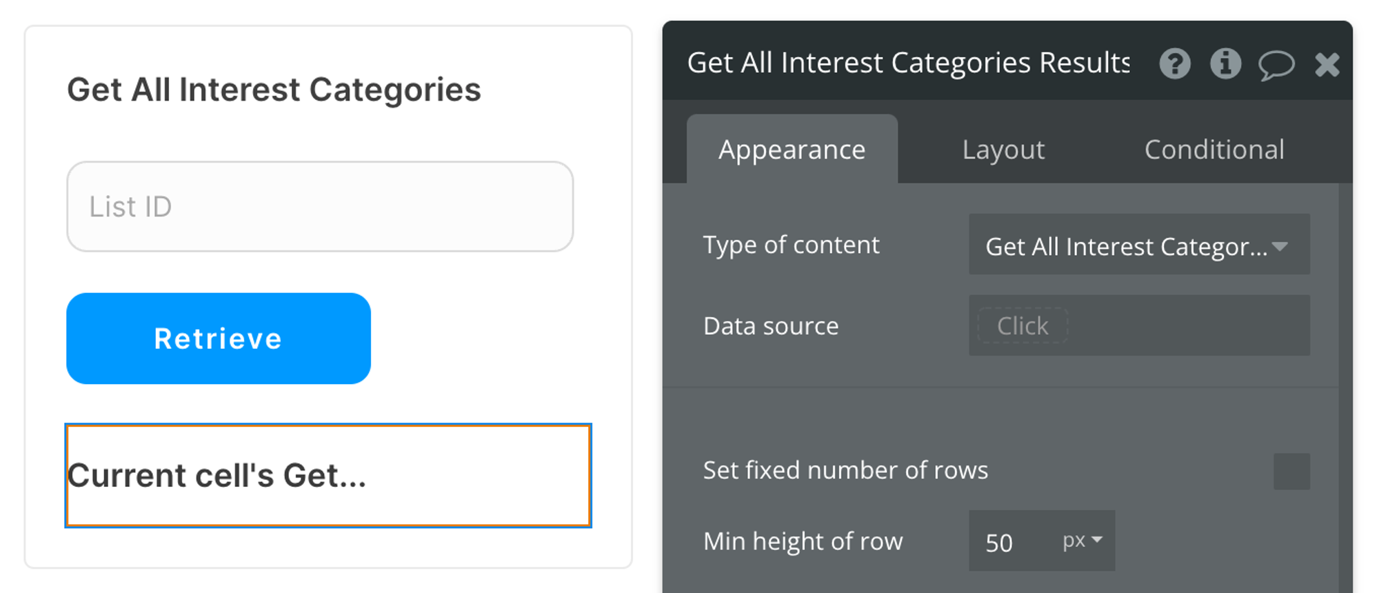 Select Get All Interest Categories categorie (Mailchimp Extended) from the list of content types