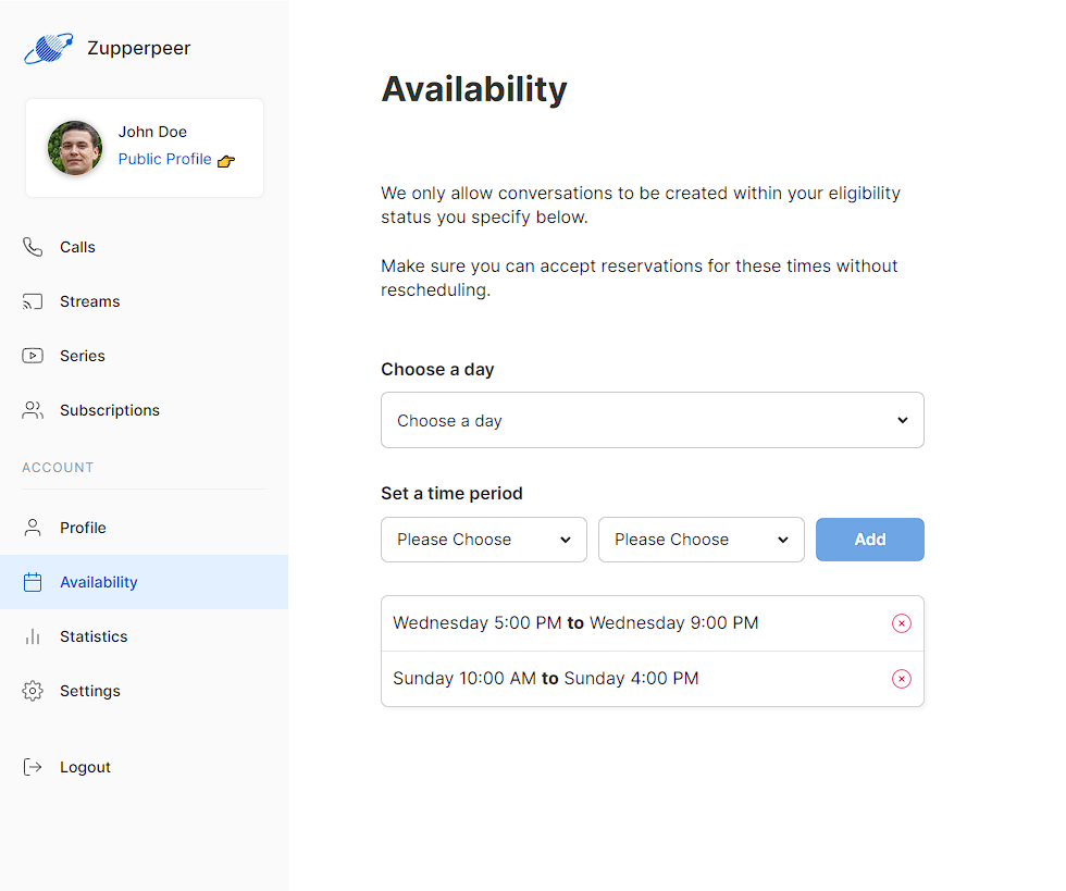 Availability can be changed from the user dashboard. 