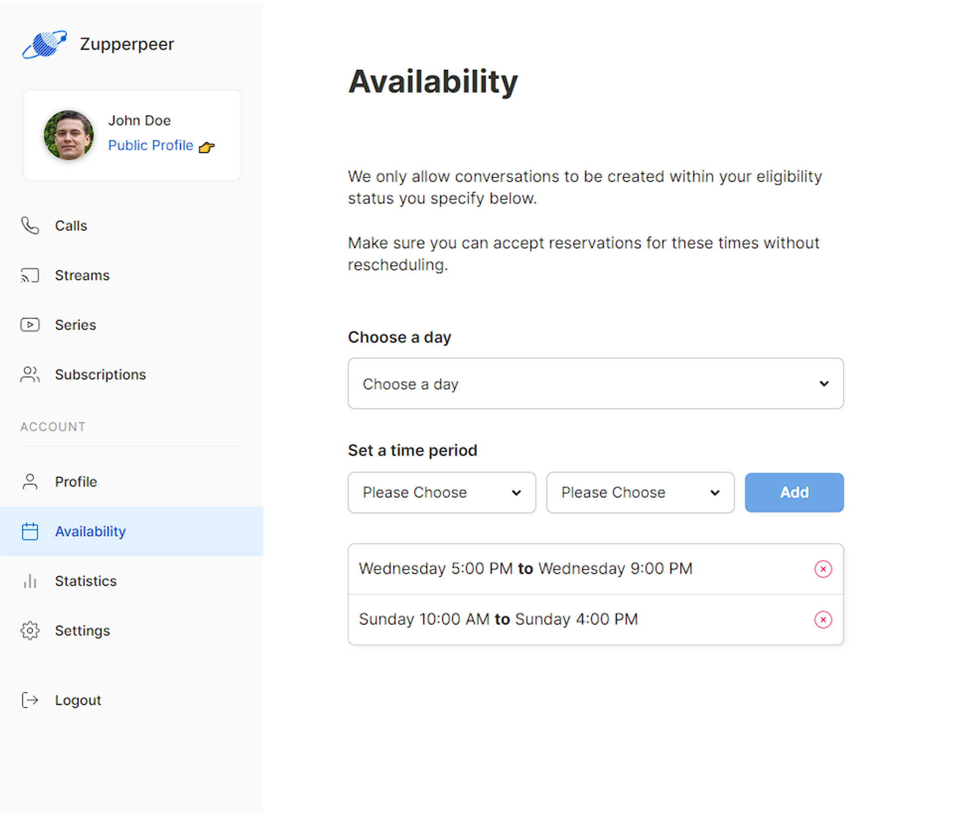 Availability can be changed from the user dashboard. 