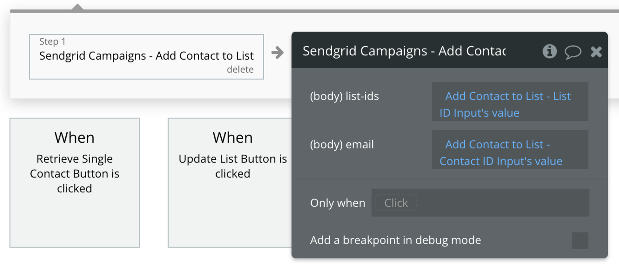 Select Sendgrid Campaigns - Add Contact to List from the list of Plugin actions