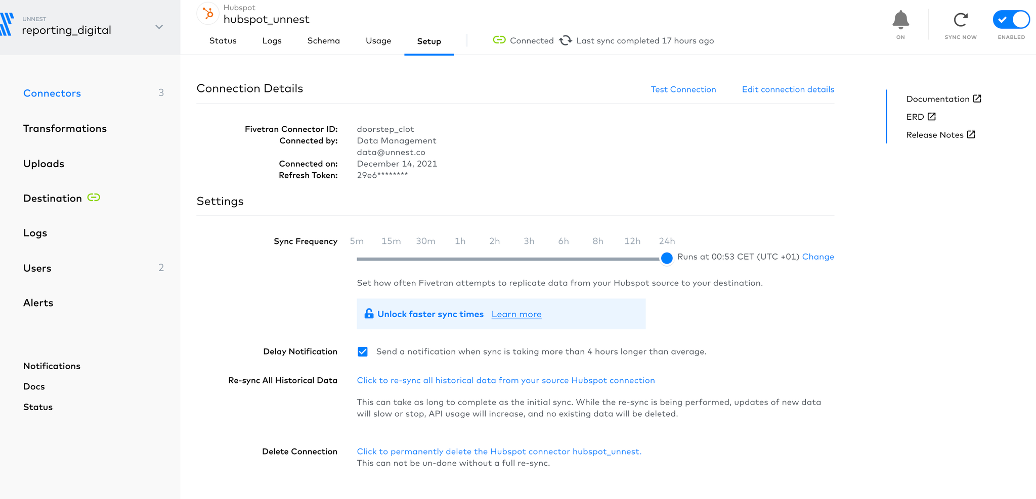 Illustration : setup du connecteur Fivetran depuis Hubspot vers BigQuery