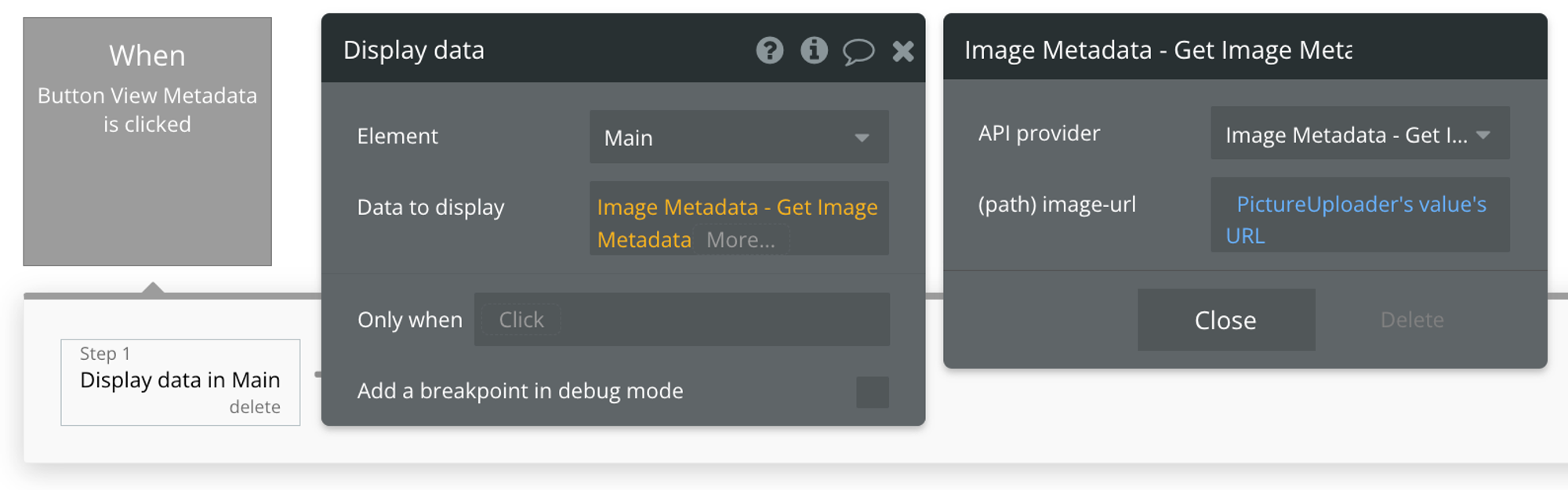 Select "Get Data from External API" for the Data to display, then find "Image Metadata - Get Image Metadata" from the list of API Providers