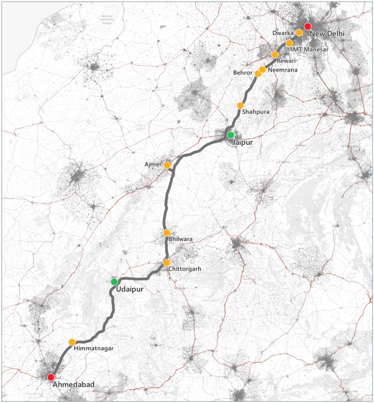 Three different proposed route. Route 1: red dots. Route 2: green and red dots. Route 3: all dots.